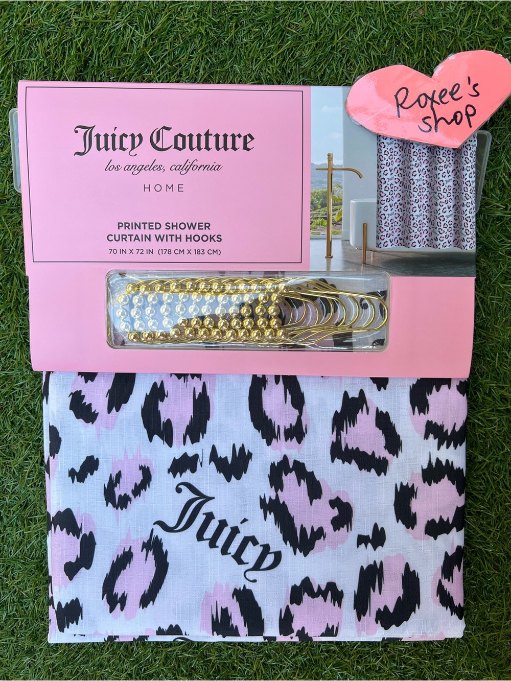 Juicy Couture Pink Leopard Fabric Shower Curtain & Hooks
